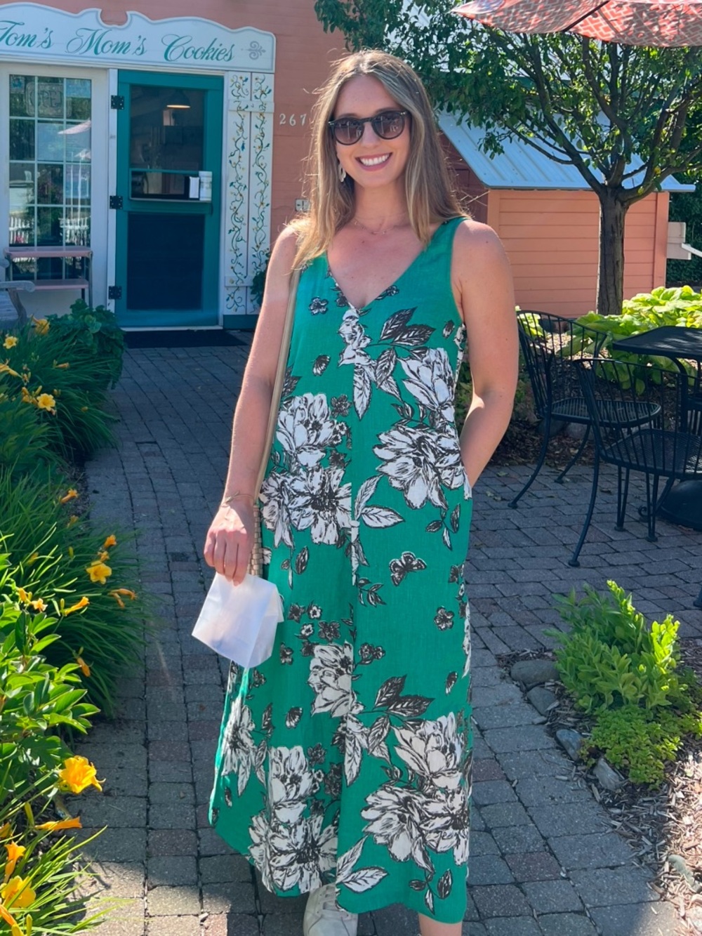 NICOLE FARHI Teal Floral Linen Top